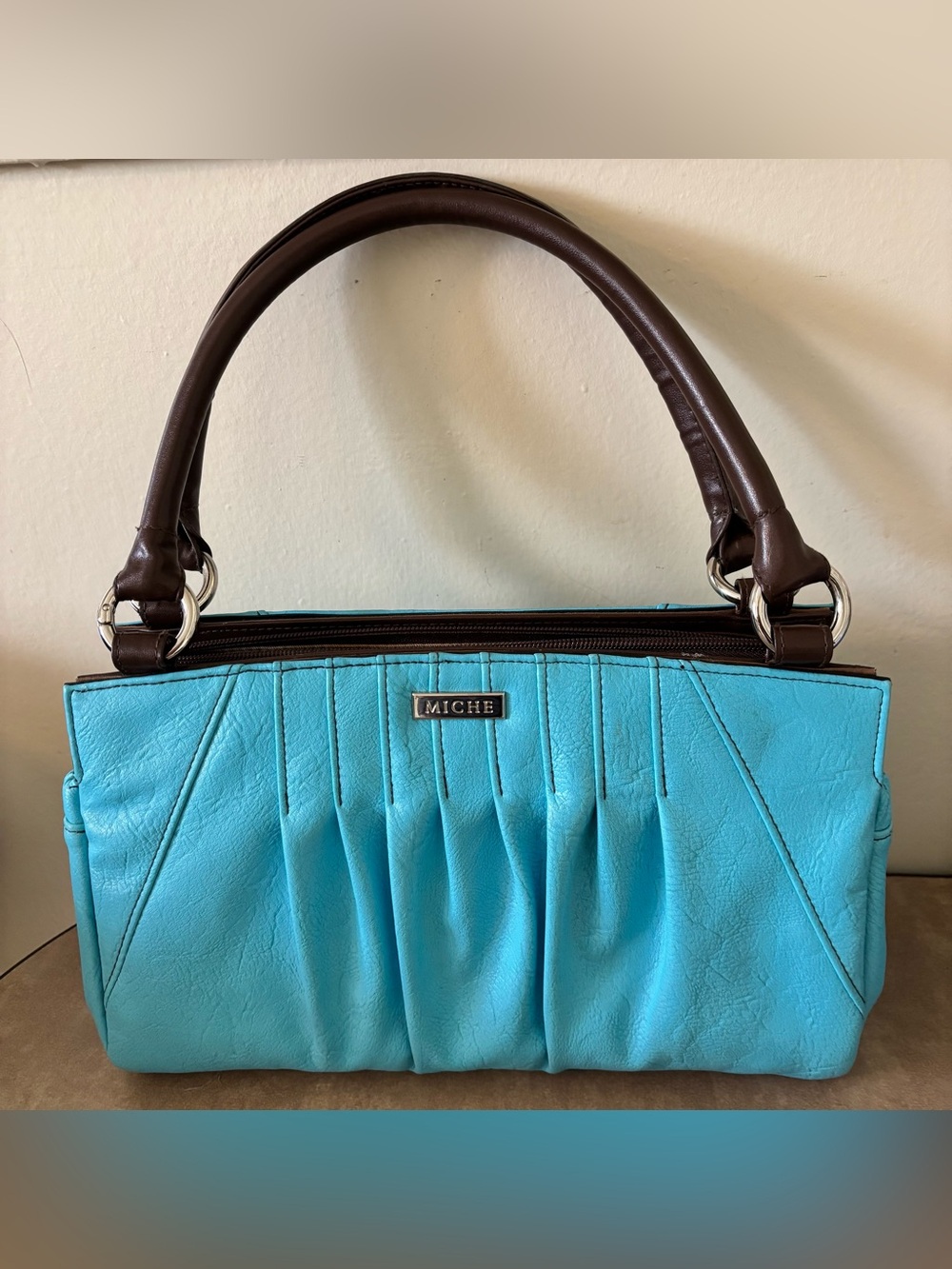 Miche Blue Pleated Top Handle Zip Handbag Brown Handles Silver Hardware